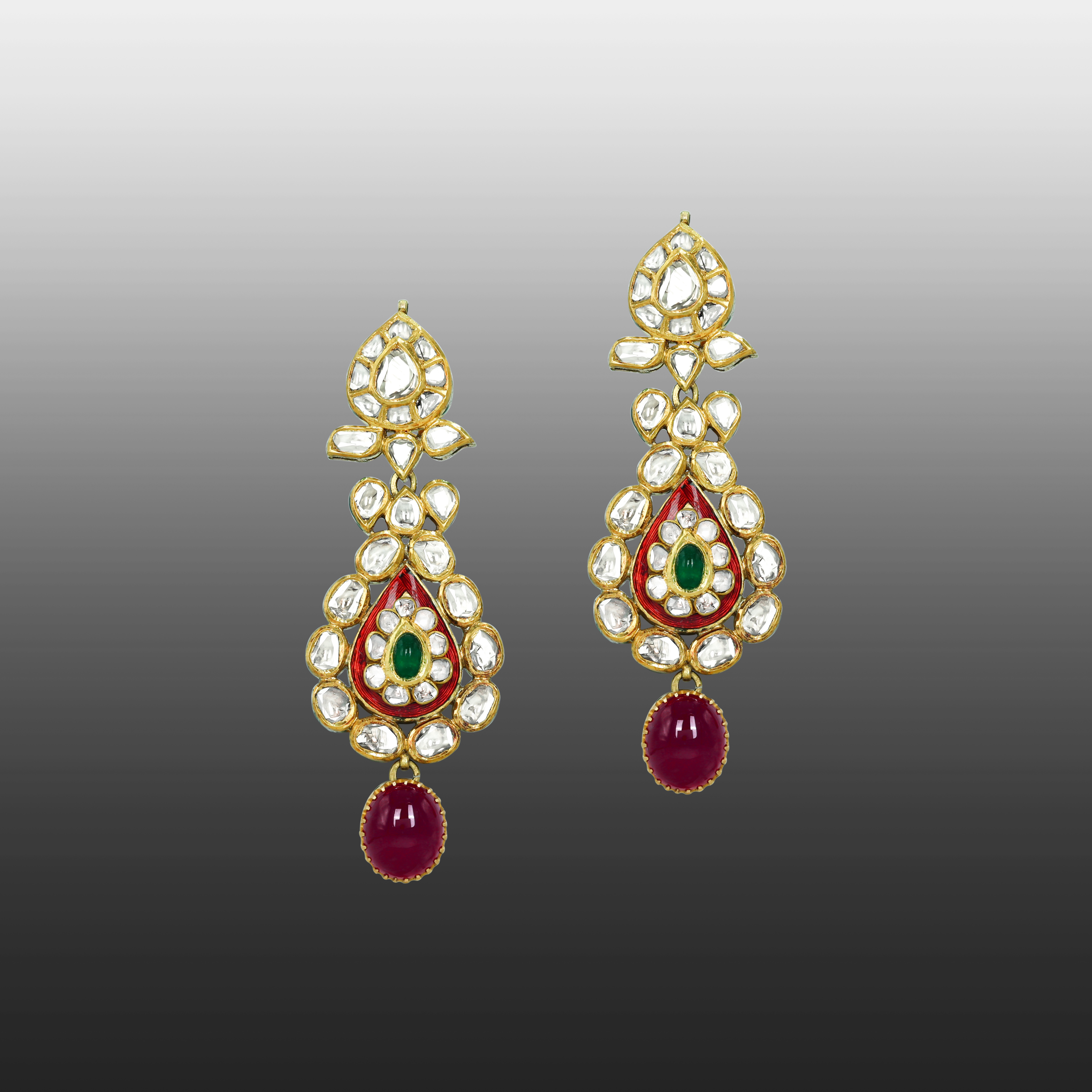 Polki Necklace Set with Emerald and Ruby Cabochons